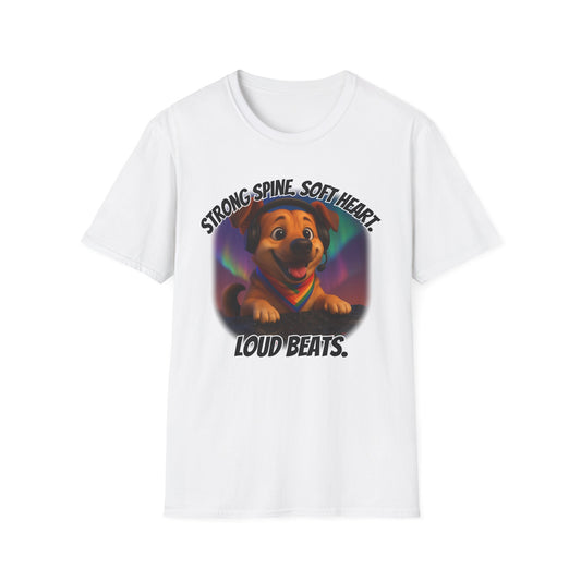 Strong Spine. Soft Heart. Loud Beats. – DJ Pup Pride Tee