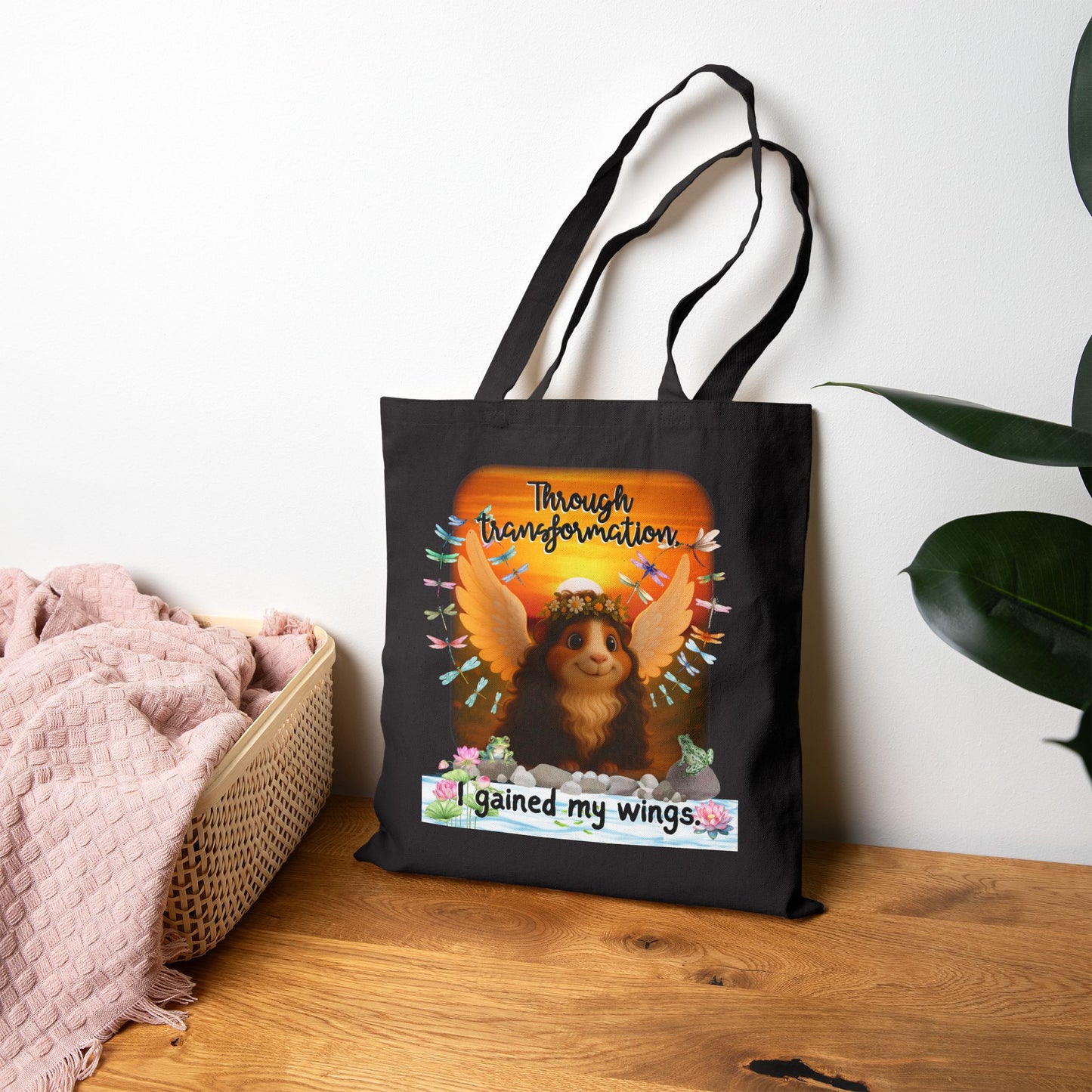 Through Transformation – Winged Guinea Pig Tote 🌅🐾✨