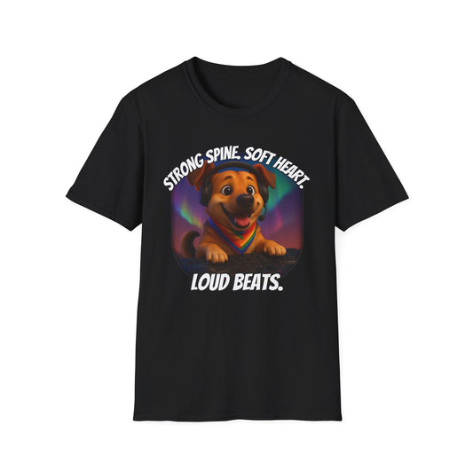 Strong Spine. Soft Heart. Loud Beats. – DJ Pup Pride Tee